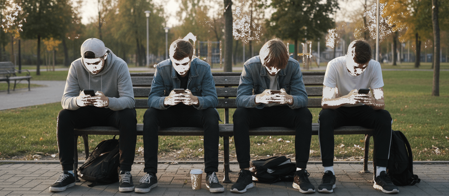 A row of people on a bench, each absorbed in their phone