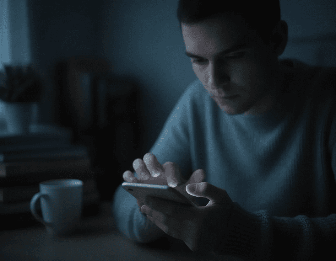 Close-up of hands using a phone in the dark